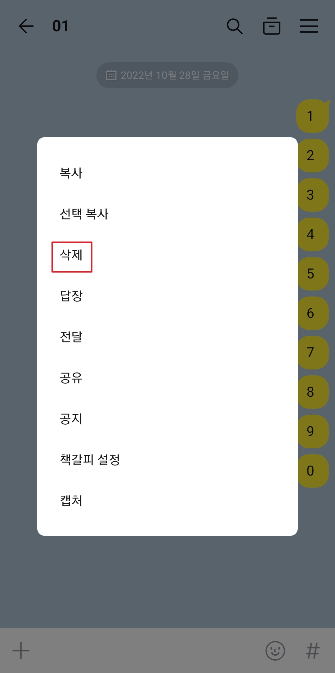 메시지를 길게 눌렀을 때 나타나는 팝업 메뉴에서 삭제 버튼 선택