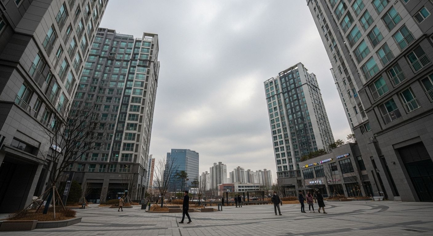 서울 강남 고층 아파트 단지를 구름 낀 하늘 아래에서 촬영한 장면