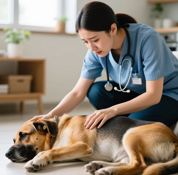 힘 없이 누워있는 강아지와 돌보고 있는 수의사