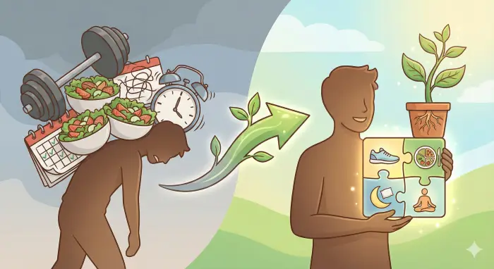 분할된 화면의 왼쪽 회색 배경에는 무거운 덤벨, 샐러드 그릇, 빡빡한 일정표, 알람시계 더미에 짓눌려 힘들어하는 사람의 실루엣이 있습니다. 중앙의 식물이 자라나는 모양의 화살표를 지나, 오른쪽의 밝은 배경에는 운동화, 식판, 달과 베개, 명상하는 사람 아이콘이 그려진 퍼즐을 들고 편안하게 웃고 있는 사람의 실루엣이 있으며, 그 퍼즐 위로 건강하게 자라나는 식물 화분이 놓여 있습니다.