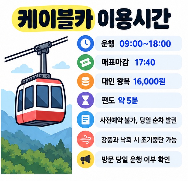 대둔산 케이블카는 현재 안내 기준 09시부터 18시까지 운행하고 17시 40분에 매표 마감하며 기상악화 시 조기중단될 수 있음을 정리한 카드