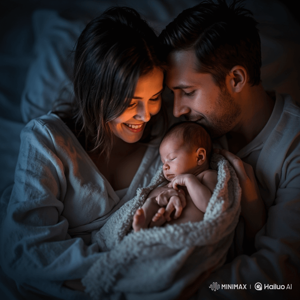따뜻한 블루-그레이 톤의 아늑한 공간에서 부모가 신생아를 사랑스럽게 안고 교감하는 모습.