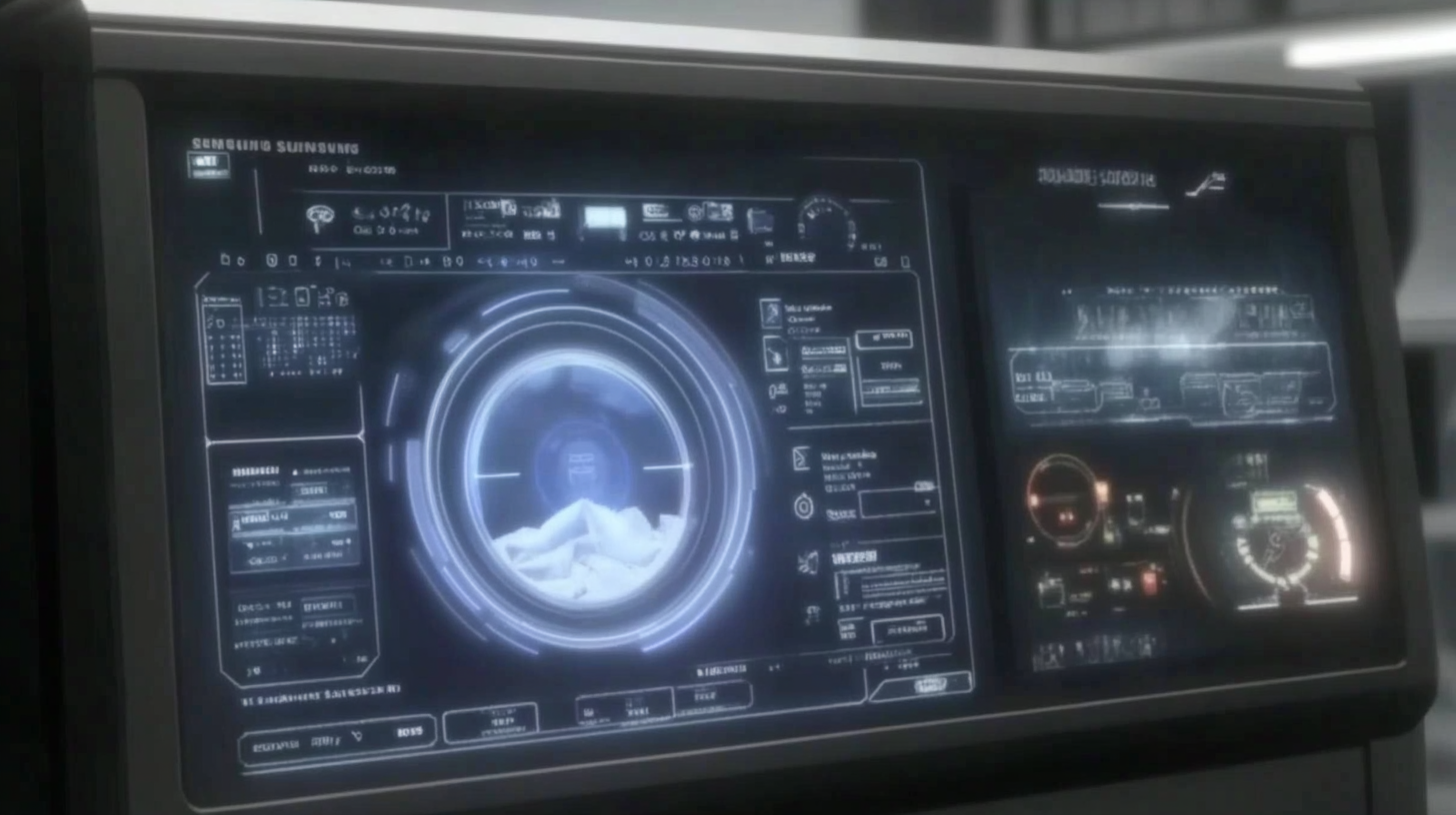 삼성 세탁기의 디지털 디스플레이 패널을 클로즈업으로 찍은 이미지로, AI가 기반이 된 세탁 사이클과 미래지향적인 인터페이스를 보여줍니다.