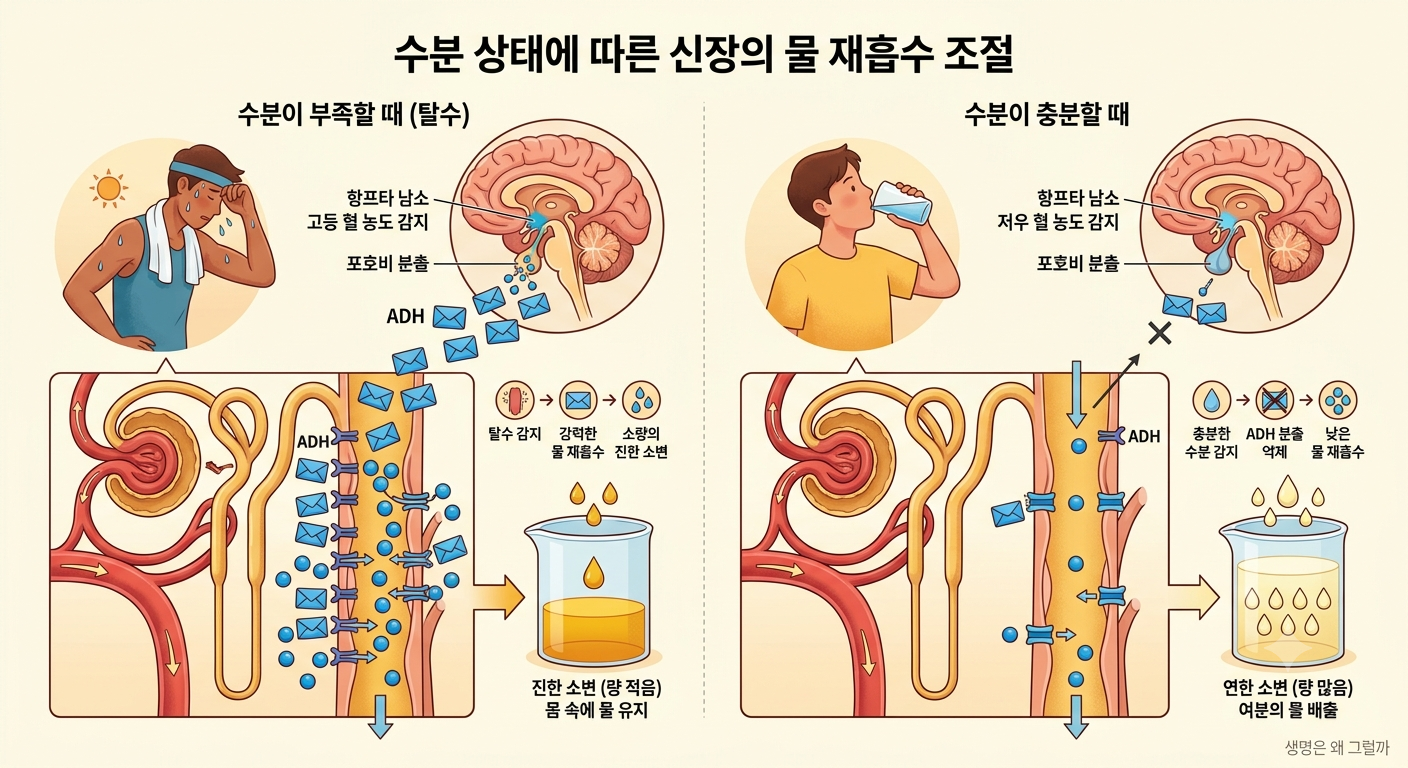 수분이 부족할 때와 충분할 때를 비교하여 바소프레신(ADH)의 작용과 신장의 물 재흡수가 어떻게 달라지는지 보여주는 생리학적 도식