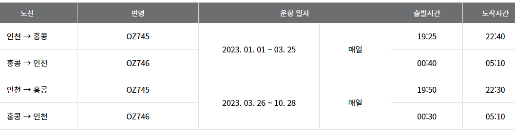 아시아나항공 홍콩 스케줄 및 입국 규정 변경 안내