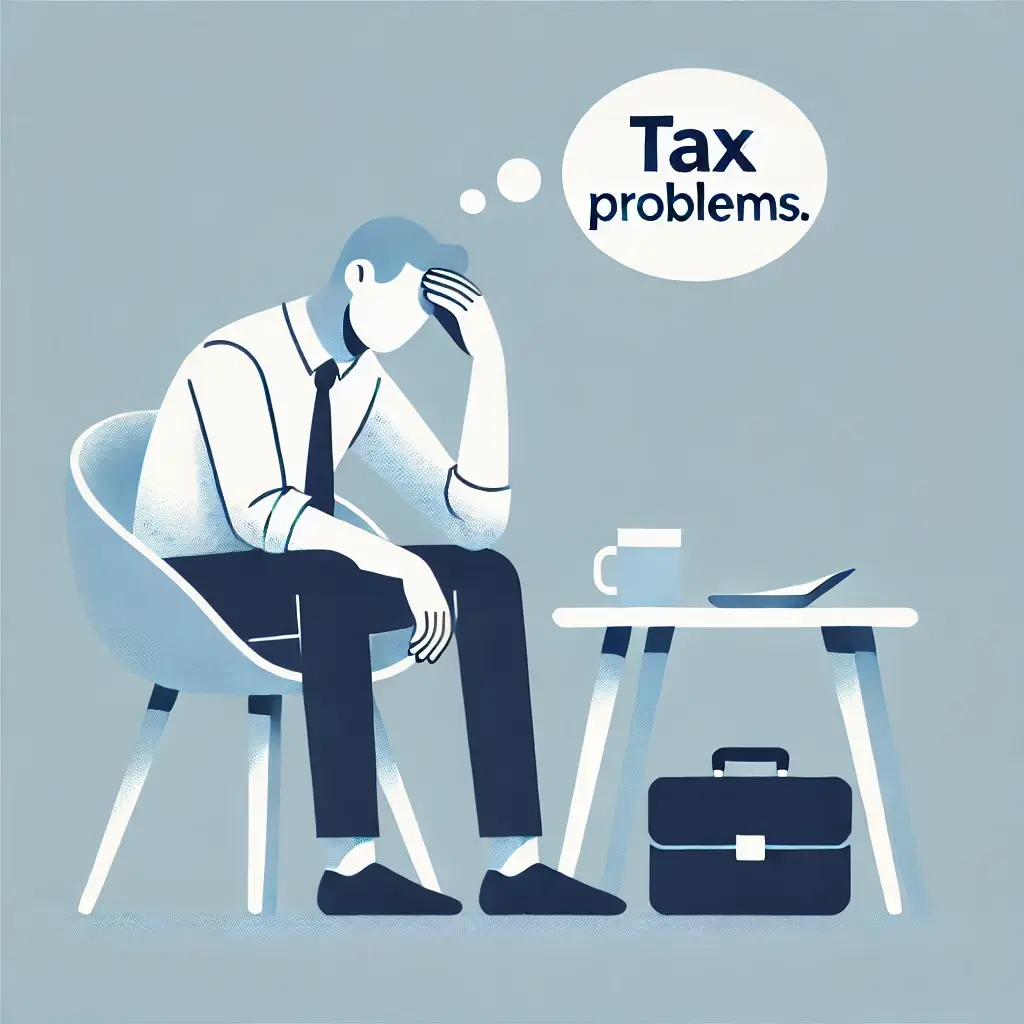세금 문제로 머리를 아파하는 남자의 일러스트.