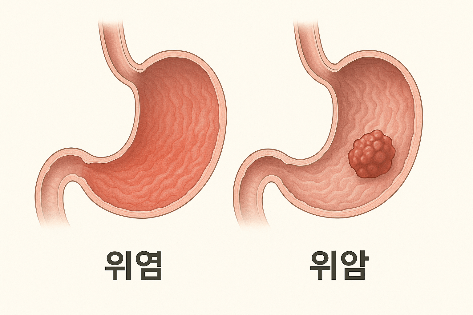 위 점막의 염증(위염)과 악성 종양(위암)의 차이를 보여주는 의료 일러스트(출처**자체제작)