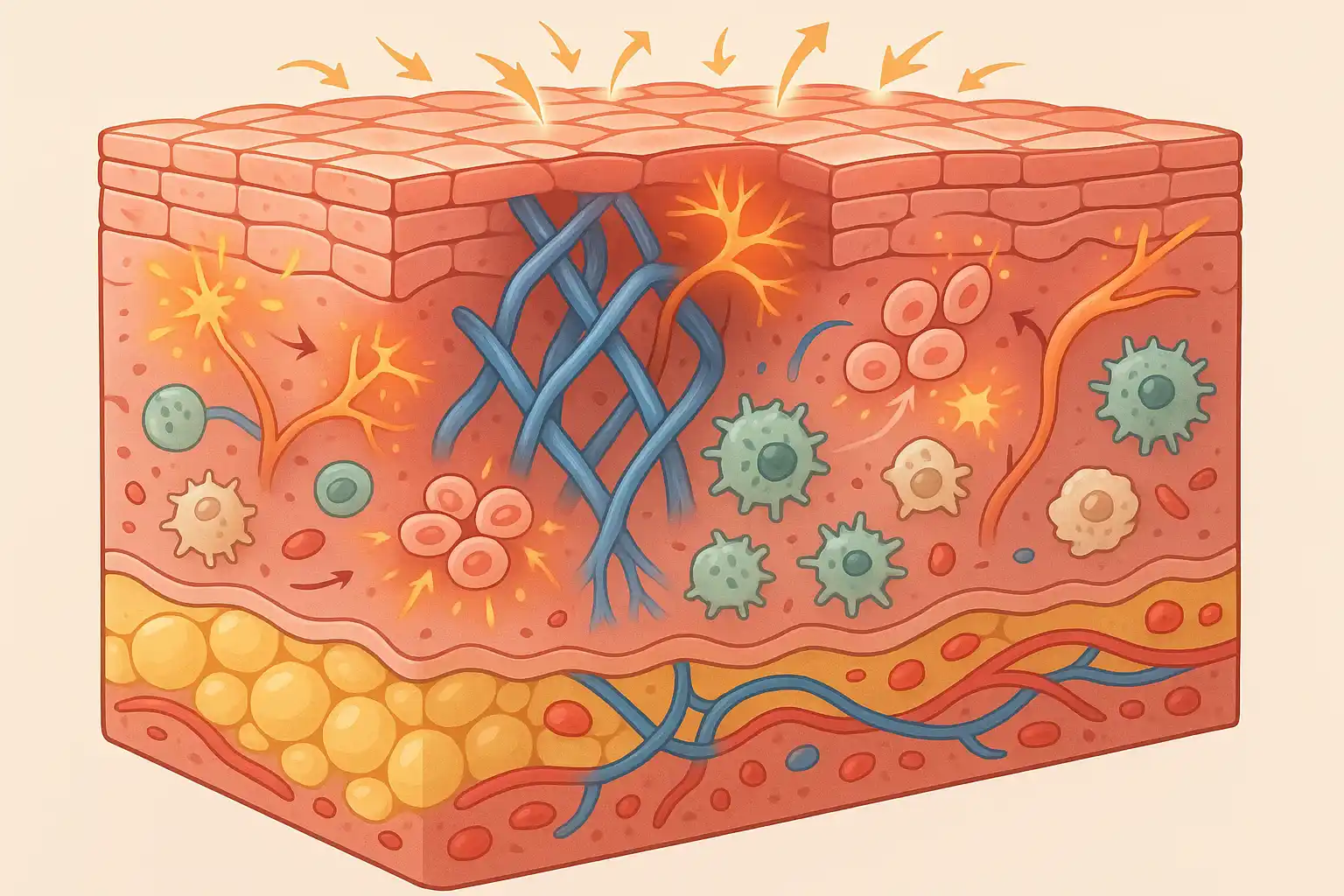피부 단면 표피&middot;진피&middot;피하조직 구조, 콜라겐 생성과 신경 말단이 재생되는 모습