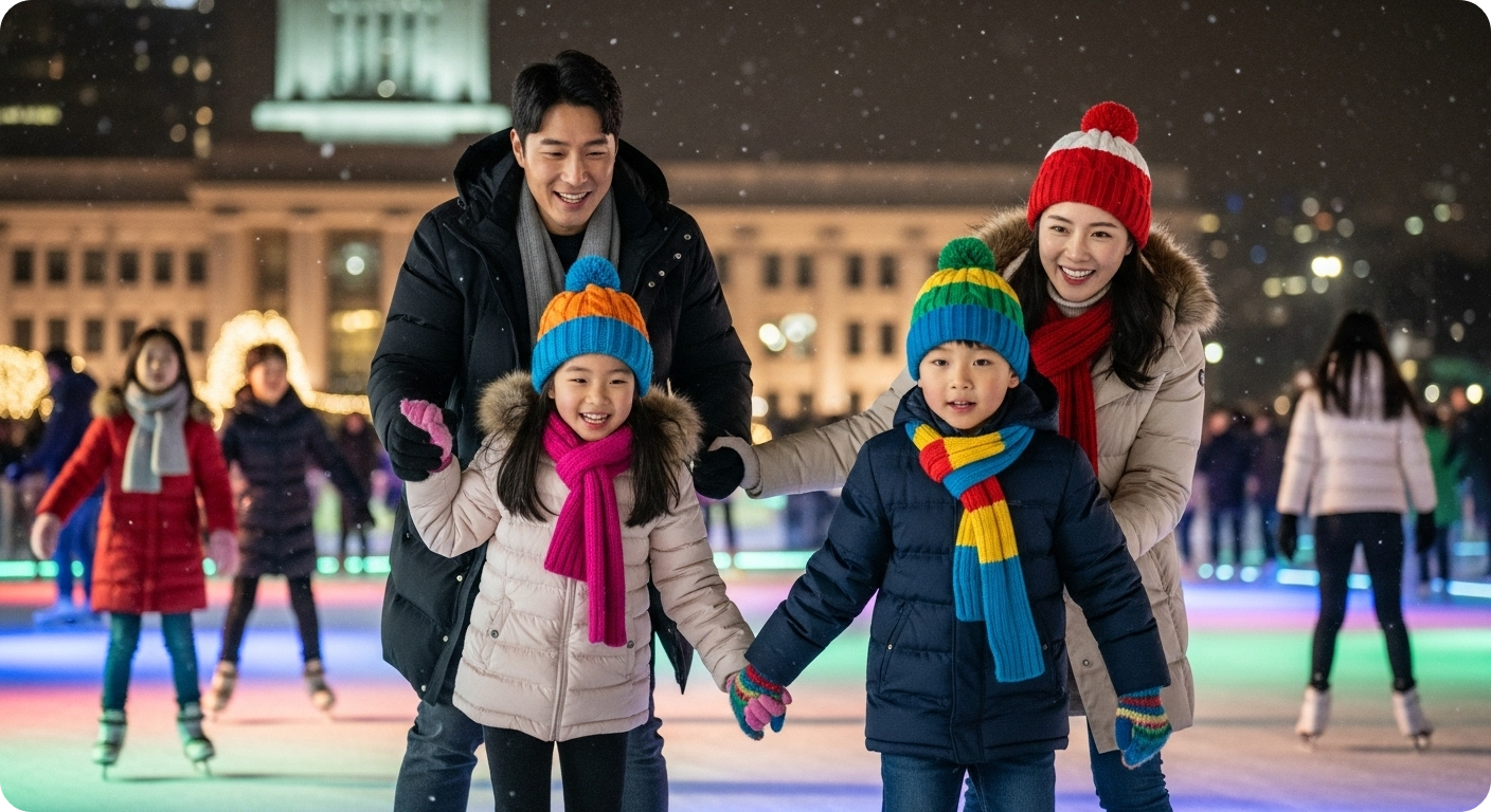 서울광장 스케이트장에서 즐겁게 스케이트를 타는 한국인 가족들의 모습.