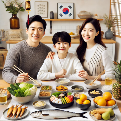 설날 차례상을 준비하는 한국 가족의 따뜻한 모습. 전통 음식을 상차림으로 올리며 가족 간 화합을 강조.