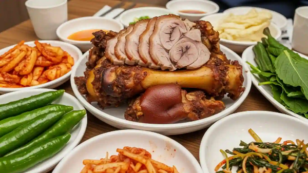 식탁 위에 맛있는 족발 요리와 채소가 놓여 있음