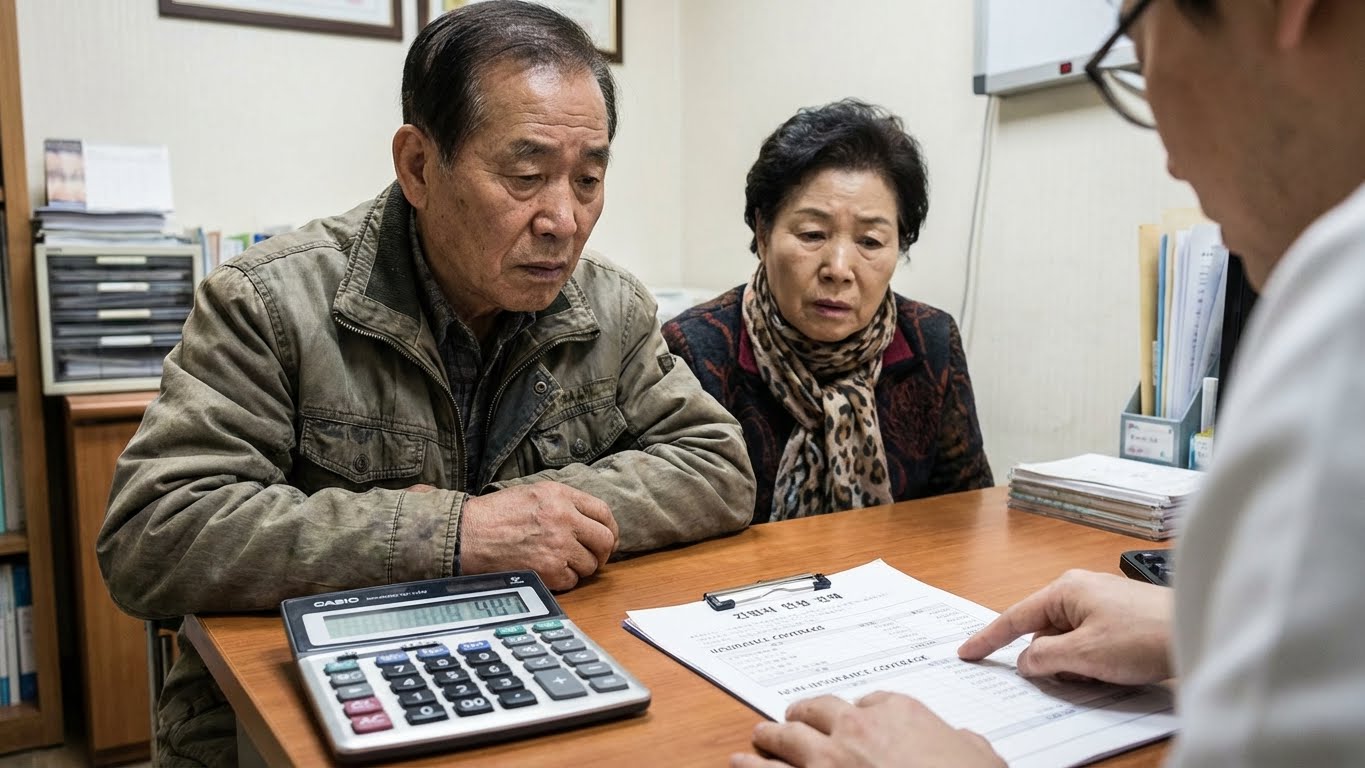 노부부가 치과 상담실에서 비용 견적서를 보며 고민하는 모습