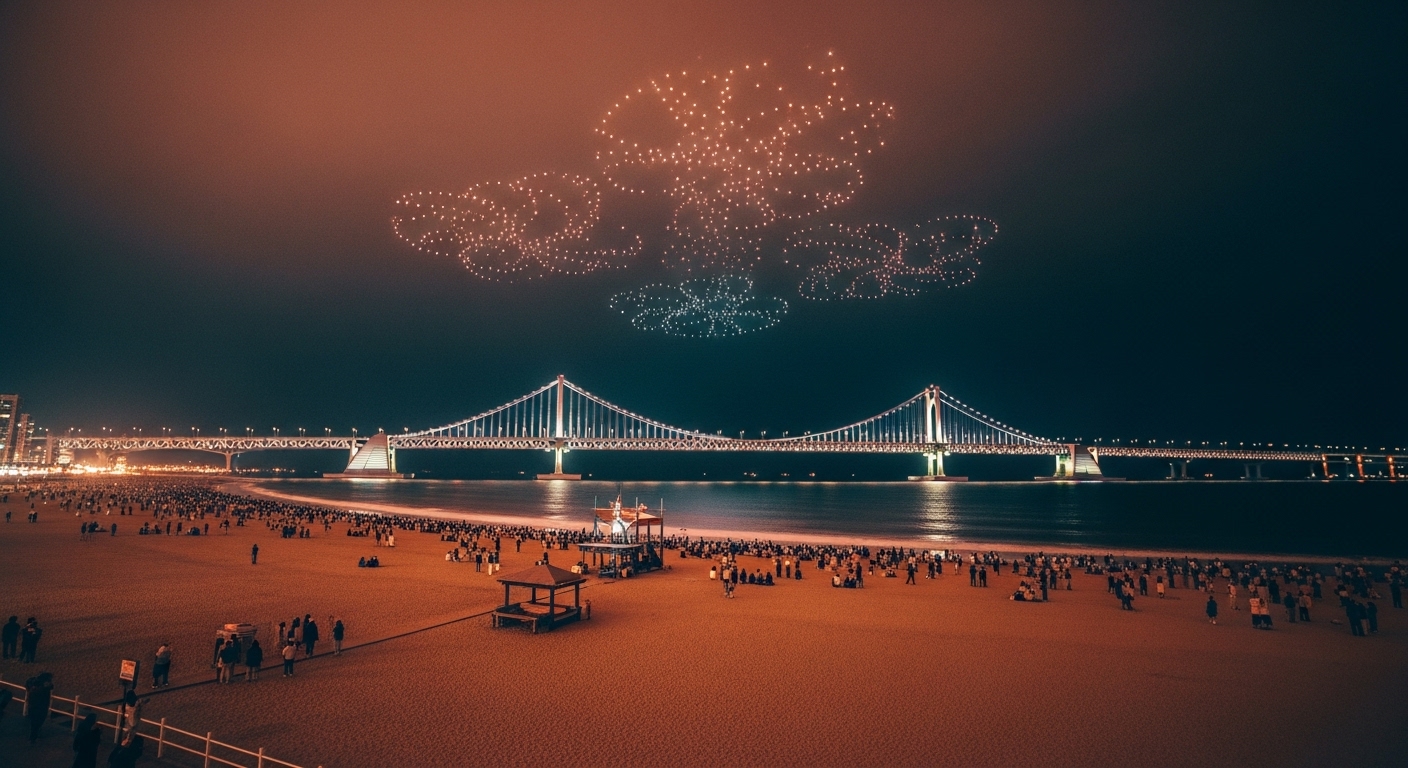 광안대교를 배경으로 화려한 드론쇼가 펼쳐지는 광안리 해변의 밤 풍경. 다양한 색상의 드론들이 밤하늘을 수놓고 있다.