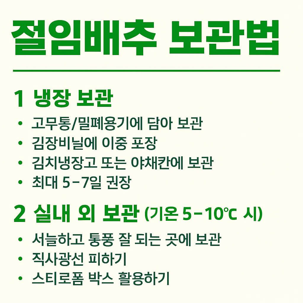 절임배추 보관법 인포그래픽 – 냉장 보관 시 고무통·밀폐용기 사용, 김장비닐 이중 포장, 5~7일 권장 / 실내외 보관 시 통풍 잘 되는 서늘한 곳, 기온 5~10도, 스티로폼 박스 활용 강조