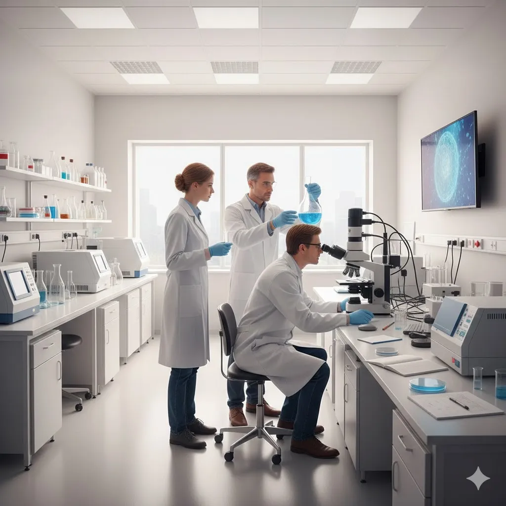 최첨단 장비들이 놓인 깨끗한 연구실에서 가운을 입은 과학자들이 현미경을 들여다보거나 컴퓨터 화면을 분석하며 진지하게 토론하는 모습을 그려주세요. 플라스크와 비커, 실험 도구들이 정돈되어 있고, 책상 위에는 연구 자료들이 펼쳐져 있습니다. 밝고 희망적인 조명과 함께 지적인 열정이 느껴지는 분위기를 표현합니다.