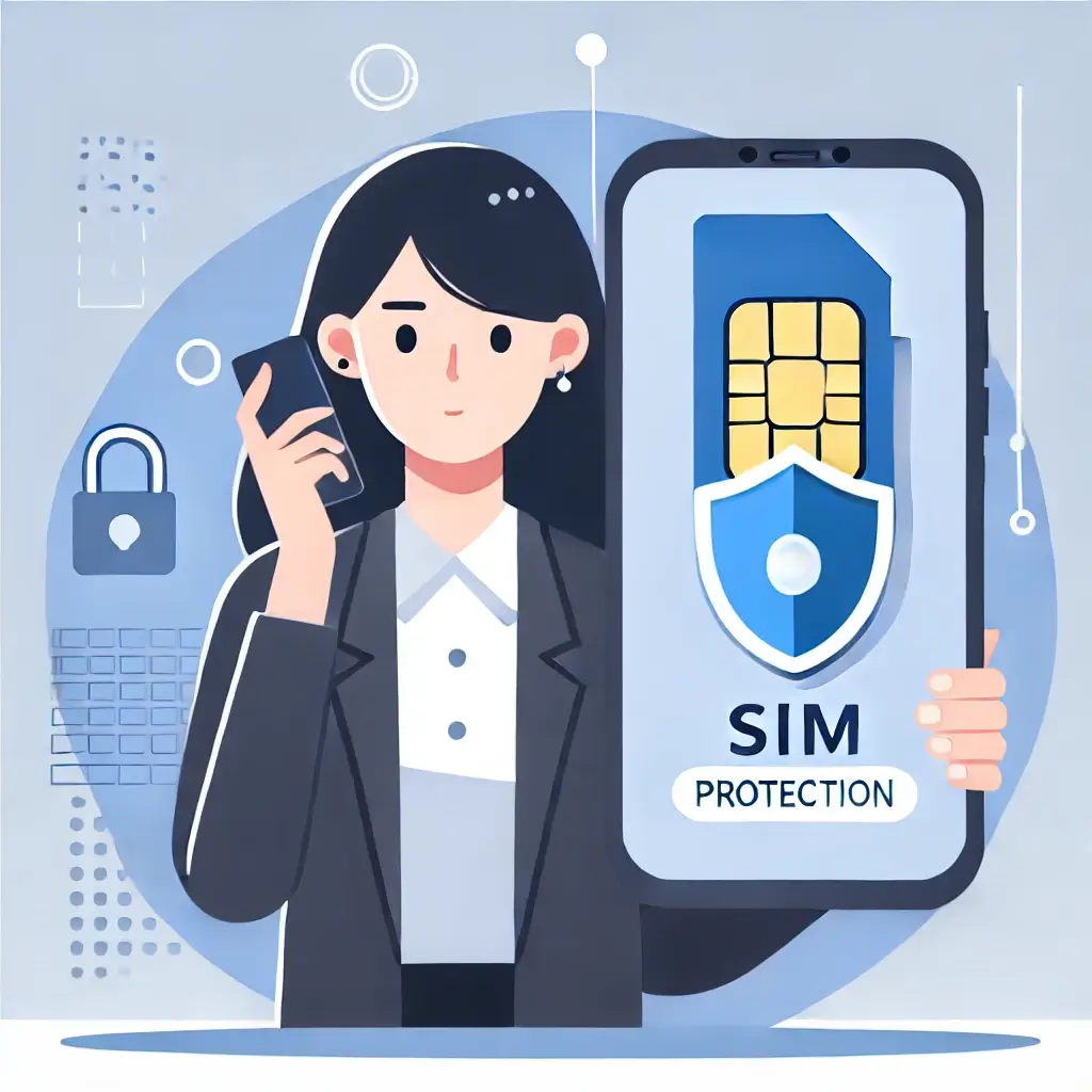 스마트폰을 사용하는 알뜰폰 사용자가 유심보호 아이콘으로 안전하게 보호되는 일러스트