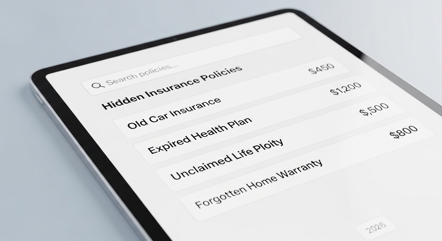 태블릿에 '내보험 찾아줌' 화면이 보이는 이미지. 숨은 보험금 목록과 간편 조회 버튼이 강조되어 있다.