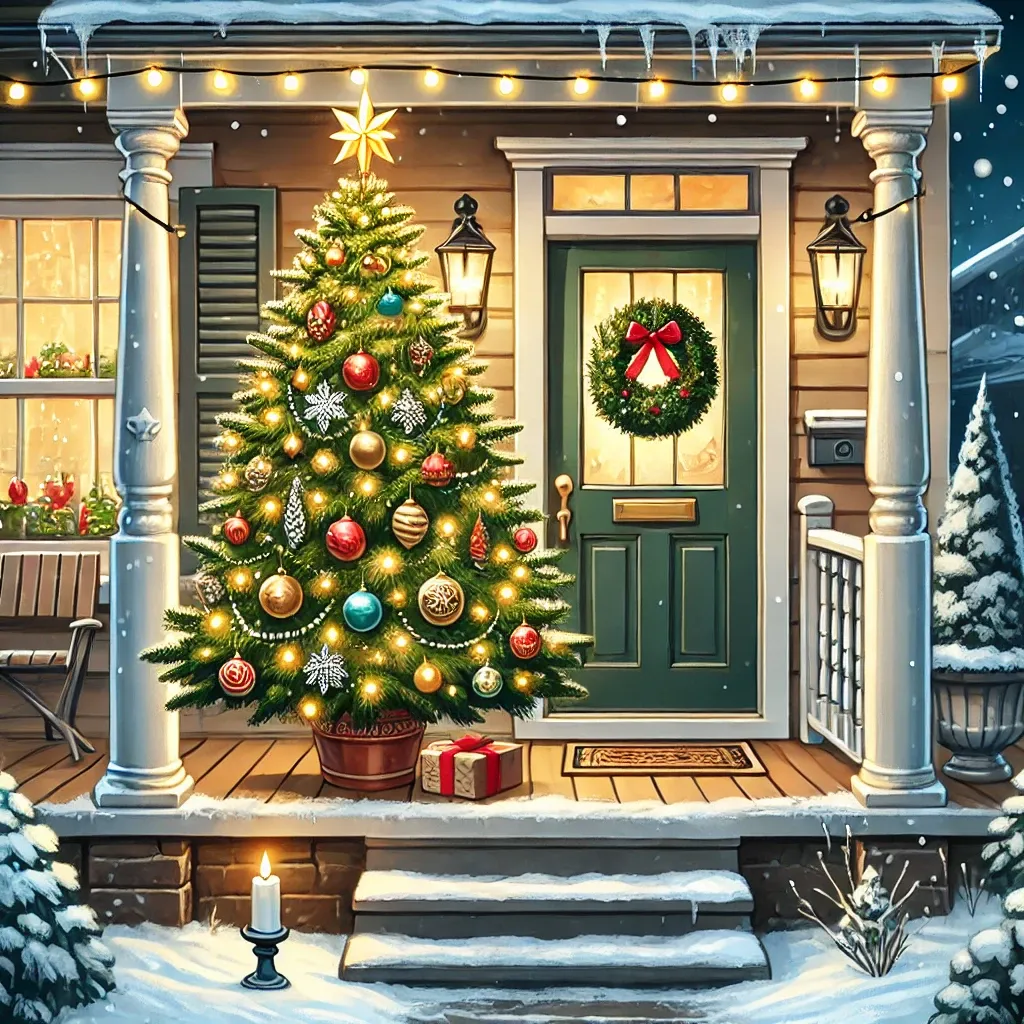 눈 덮인 집 앞 현관에 장식된 크리스마스 PE트리