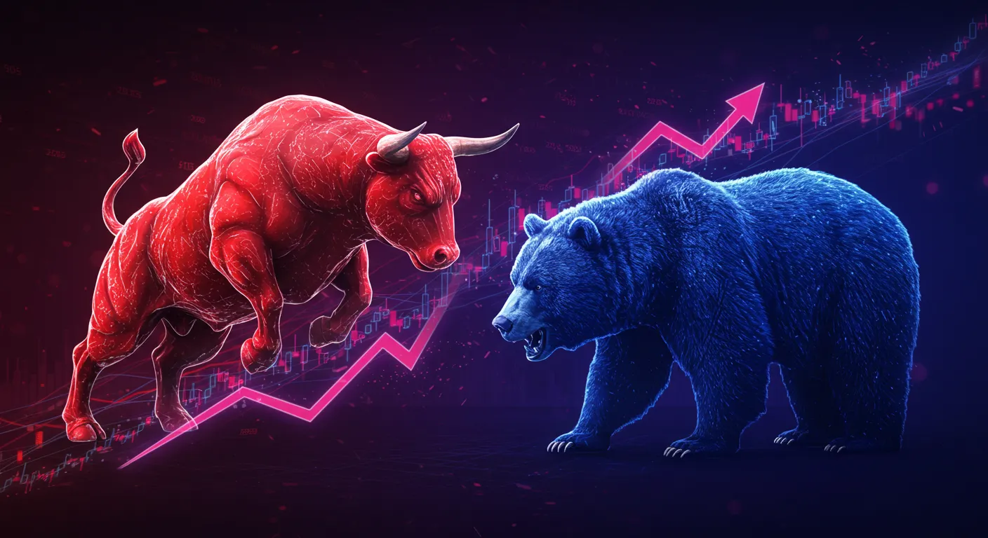 주식시장의 상한가를 표시하는 붉은황소와 하한가를 표시하는 푸른곰으로 표시한 모습