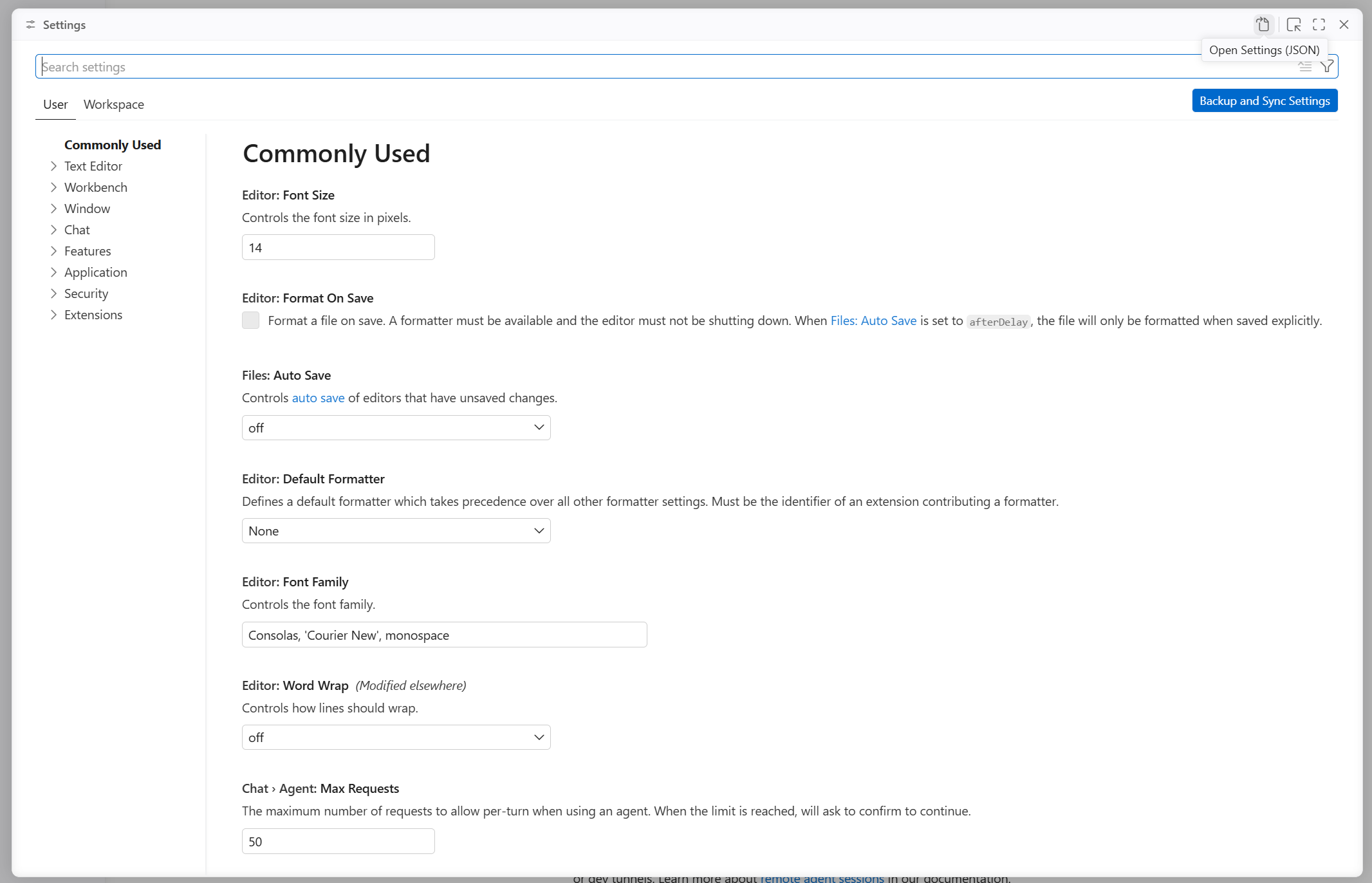VS Code settings.json 파일 여는 버튼 위치