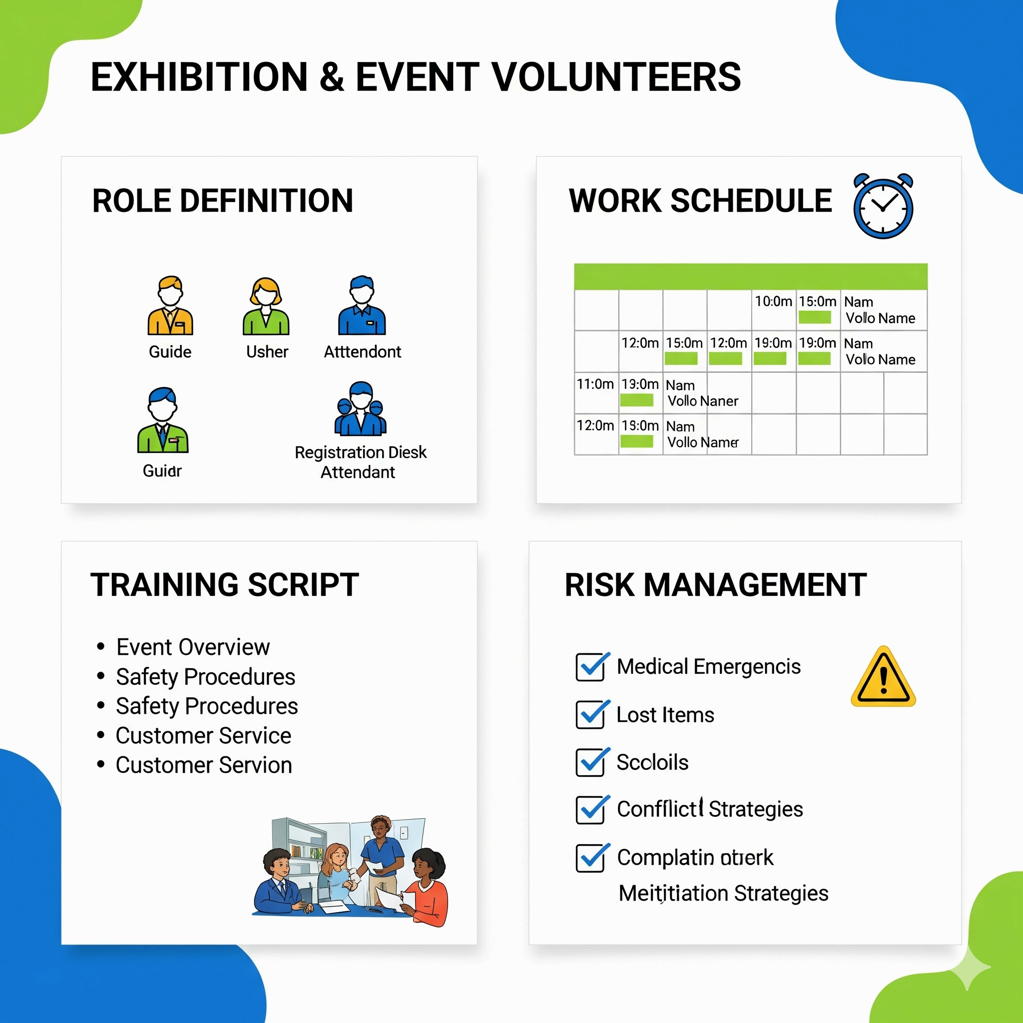 전시&middot;행사 자원봉사자 운영 &mdash; 역할 정의, 교육 스크립트, 근무표, 리스크 관리