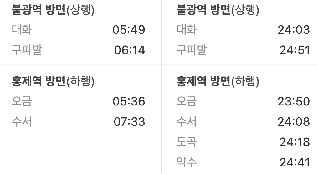 녹번역 첫차/막차시간표