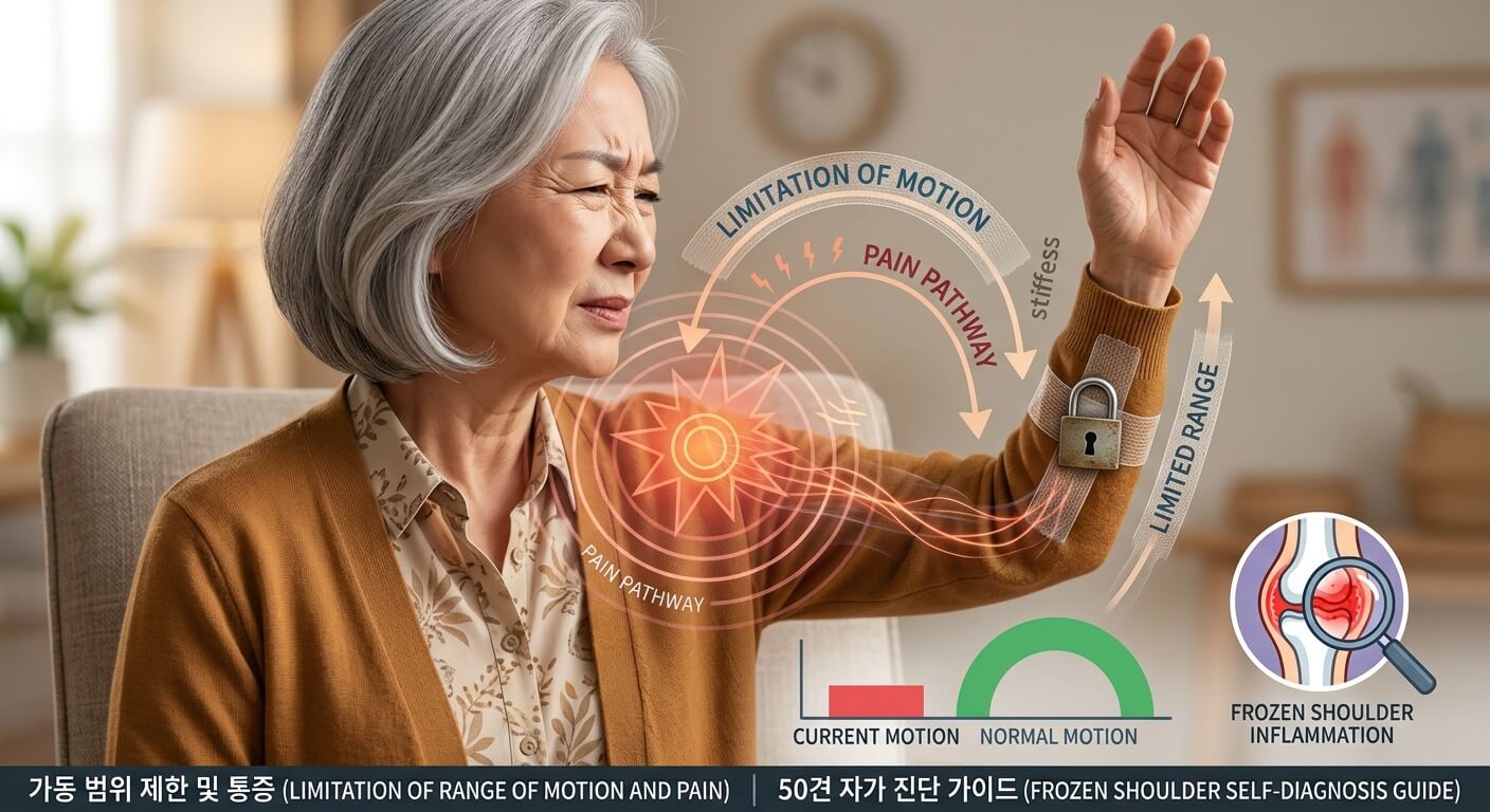 오십견 환자의 팔 올릴 때 고통스러운 사진