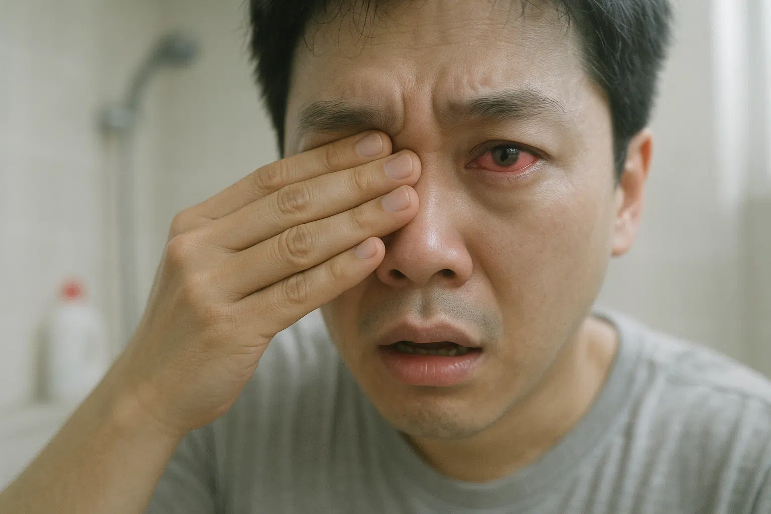 밀폐된 욕실에서 락스 청소 후 눈 충혈과 따가움을 호소하는 인물