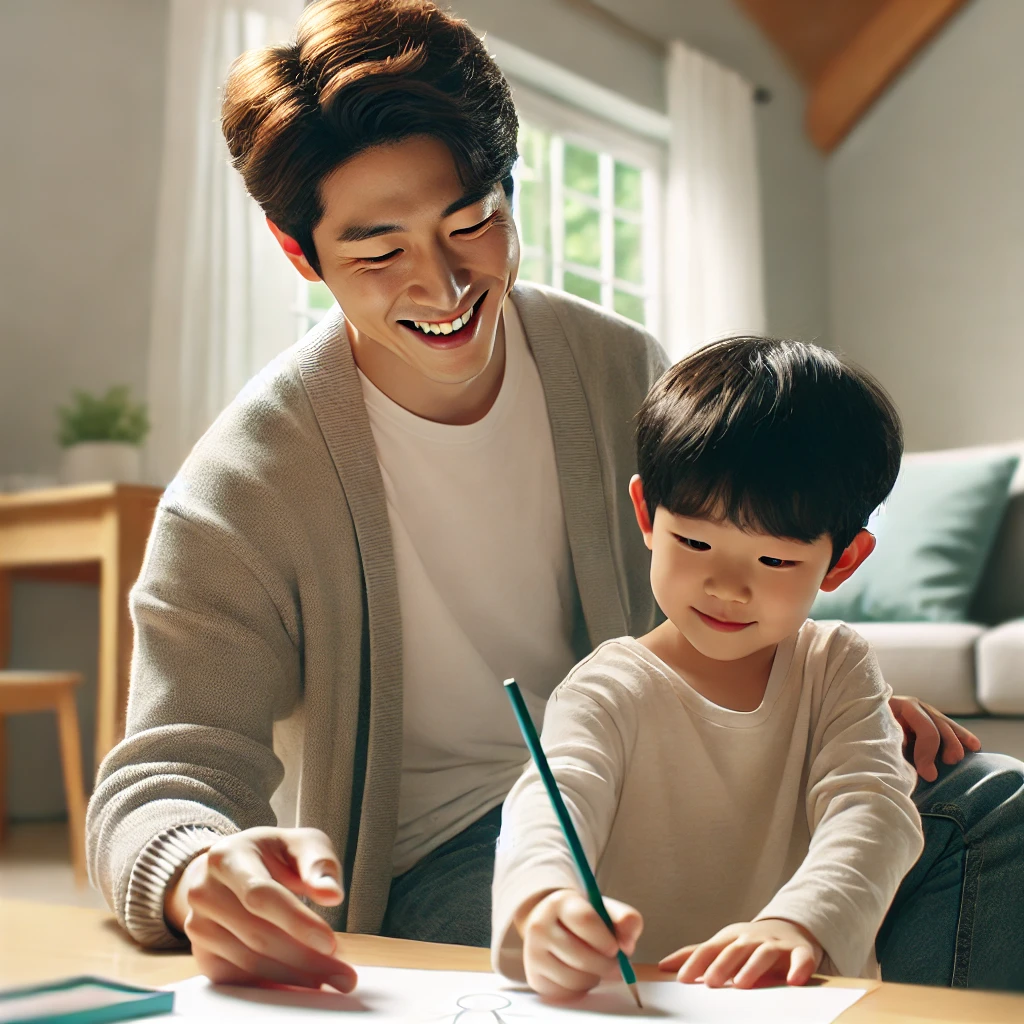 부모가 거실에서 그림을 그리고 있는 자녀에게 무릎을 꿇고 따뜻하게 조언하는 장면. 밝은 분위기 속에서 아이는 지지받는 느낌으로 미소 짓고 있음