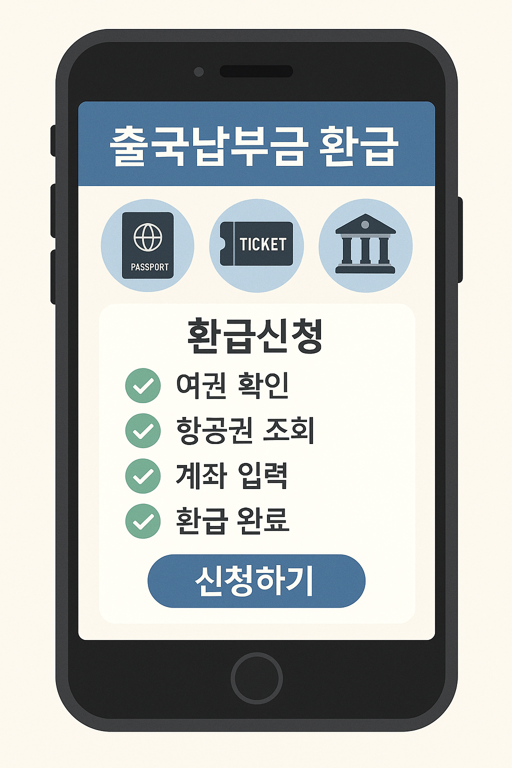 스마트폰 화면에 출국납부금 환급 포털이 열려 있고, 여권, 항공권, 은행 아이콘이 함께 있는 이미지
