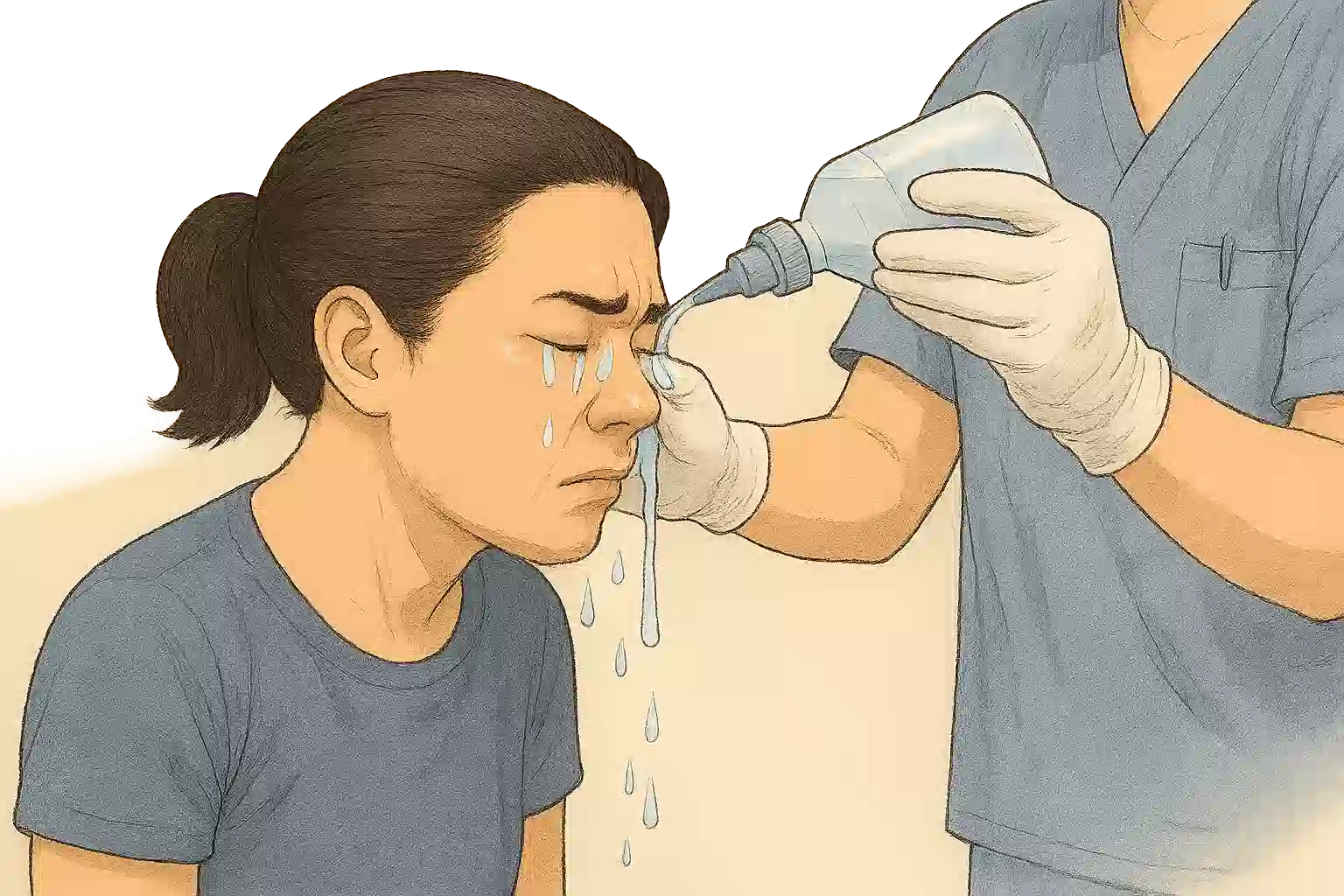 응급상황에서 흐르는 생리식염수로 눈을 씻는 장면