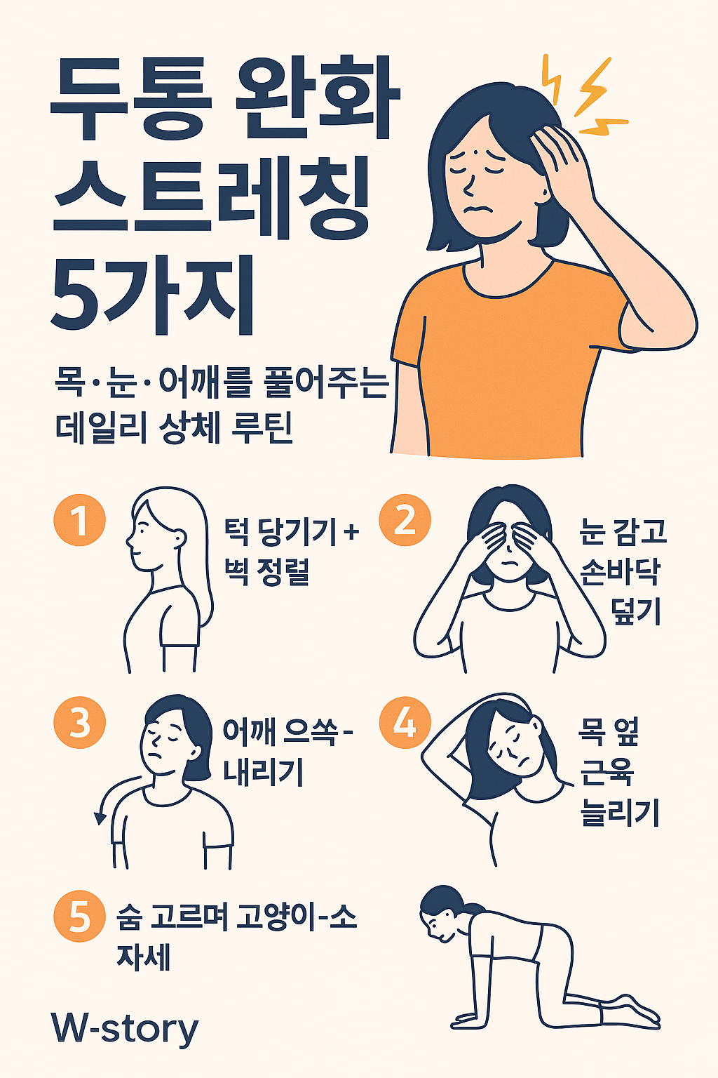 긴장성 두통 완화를 위한 상체 스트레칭 루틴을 실천하는 사람의 일러스트 이미지