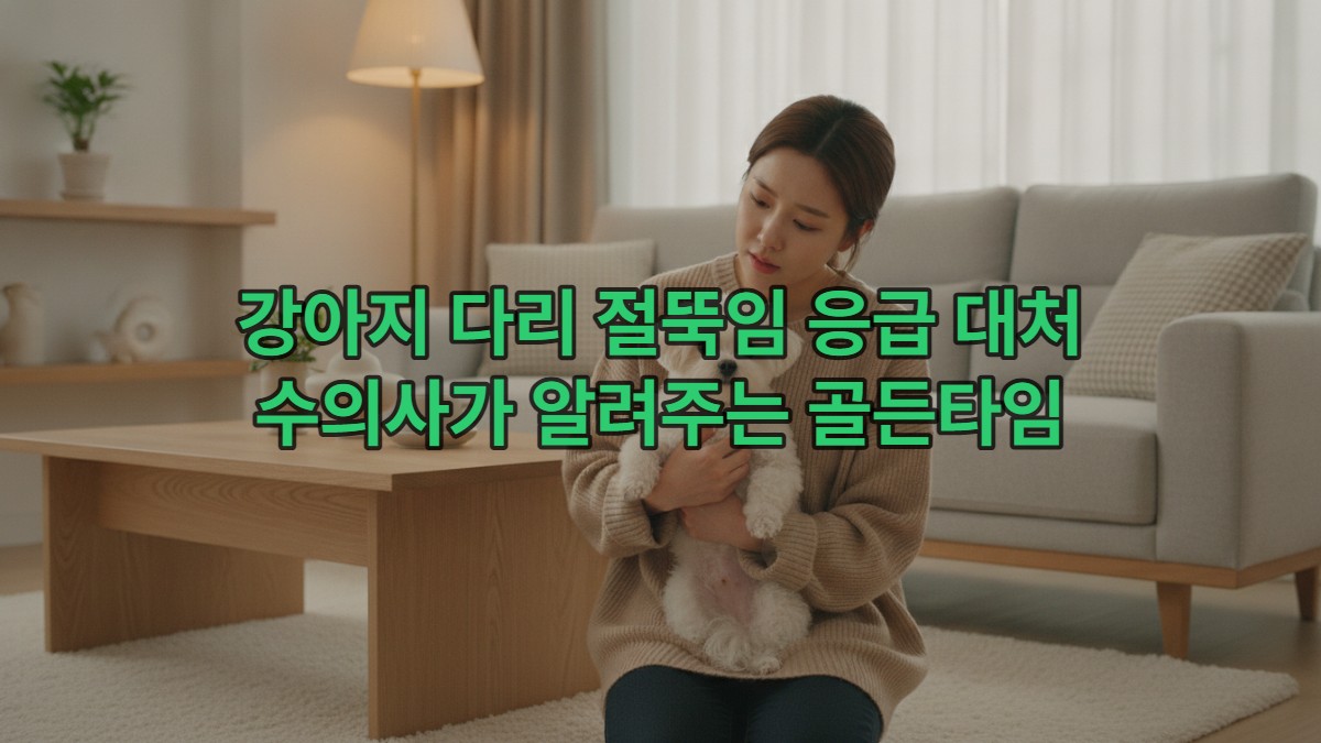 걱정하는 보호자가 다리를 절뚝이는 강아지를 부드럽게 위로하고 있는 현대적인 거실 풍경