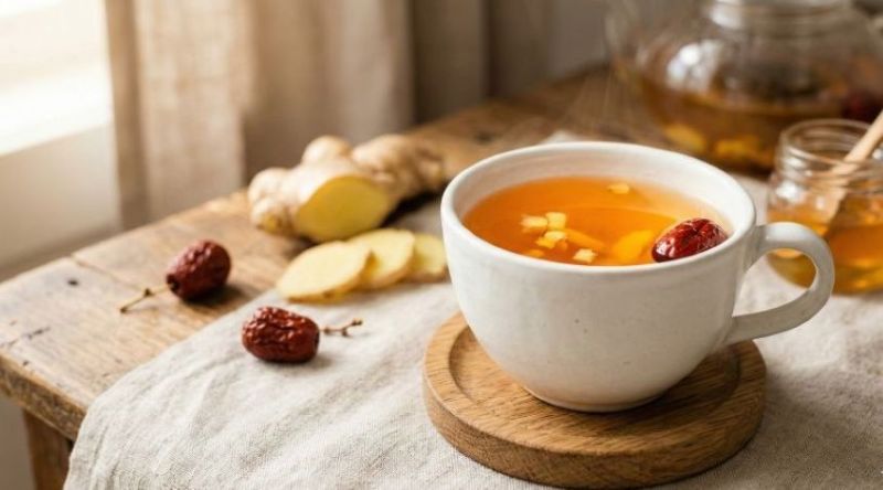 따뜻한 생강차 한 잔과 신선한 생강 조각들