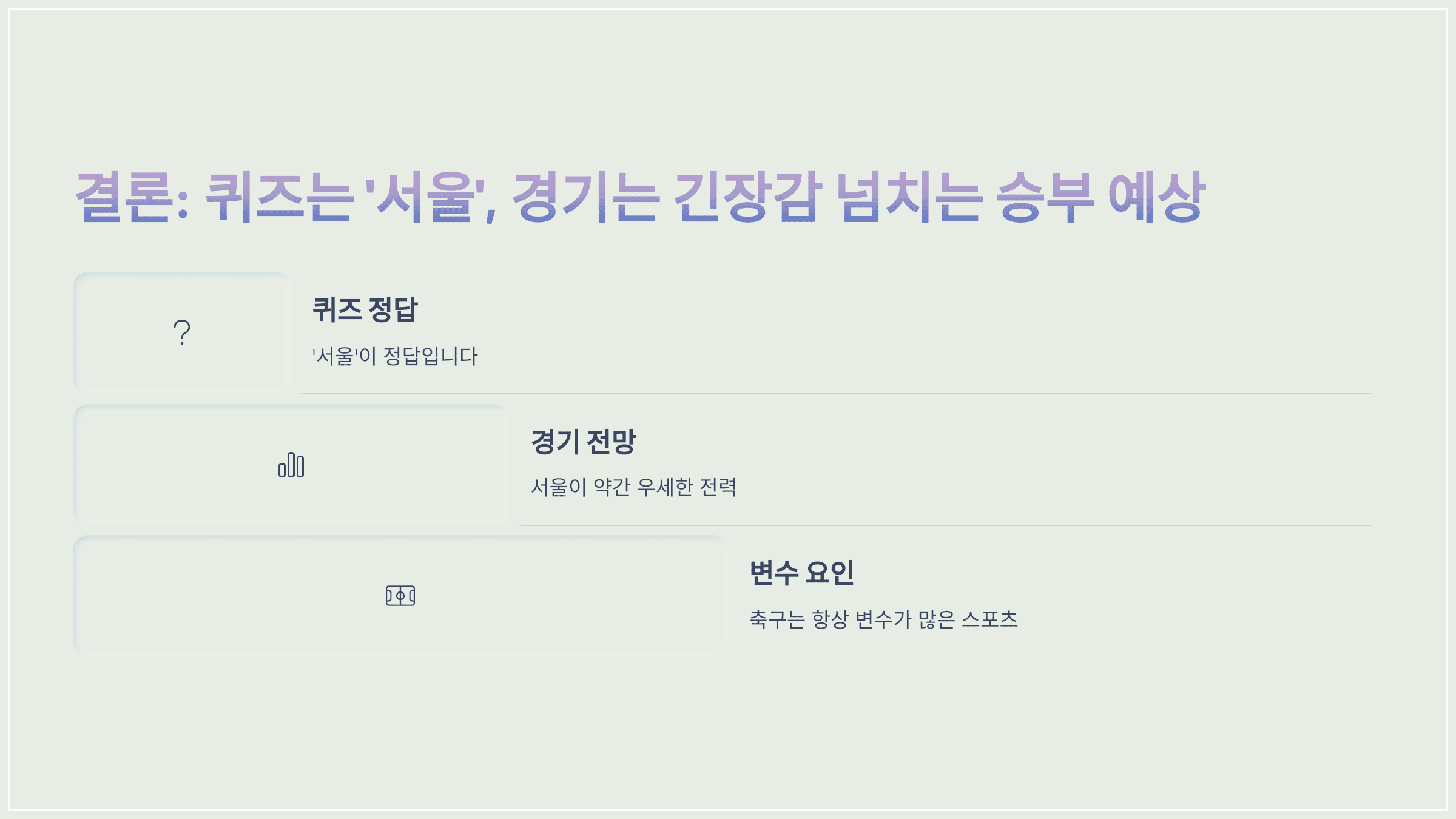 결론: 퀴즈는 '서울', 경기는 긴장감 넘치는 승부 예상