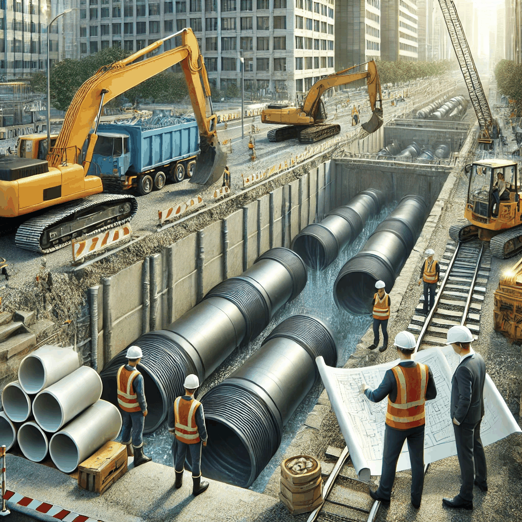 도시 배수시설 공사 현장에서 작업자들이 대형 배수관을 설치하는 모습