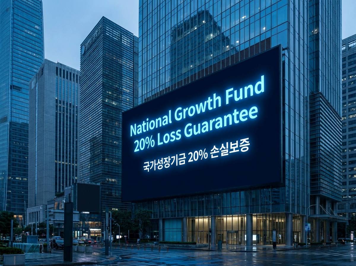 현대적인 금융가 빌딩 숲을 배경으로 '국민성장펀드 20% 손실 보장'이라는 문구가 적힌 디지털 전광판이 빛나는 모습