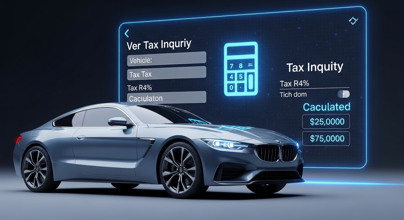 2025년 자동차세 조회 및 계산 방법을 보여주는 이미지. 고급스러운 블루-그레이 차량 옆으로 세금 정보와 계산기 아이콘이 디지털 화면에 표시되어 있다.
