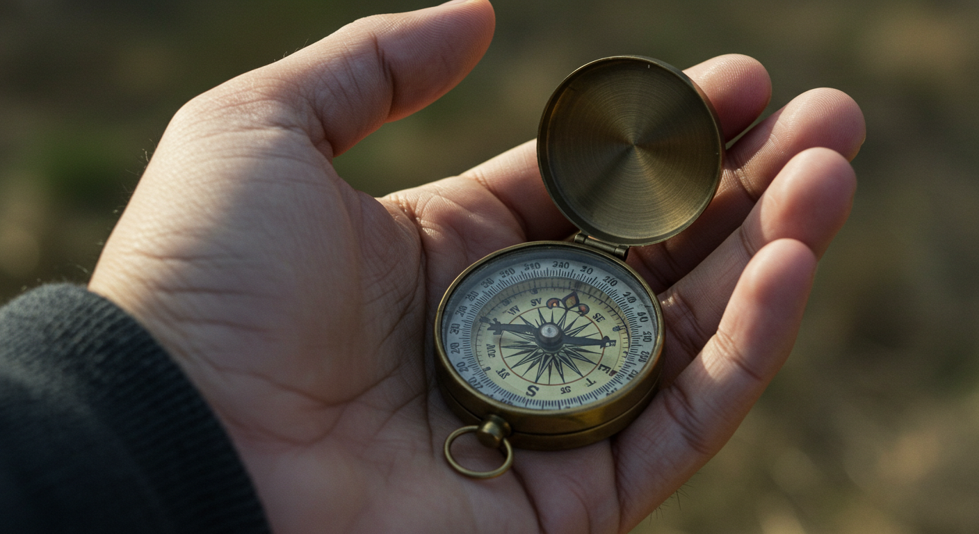 나침반을 들고있는 한국인의 손에 클로즈업