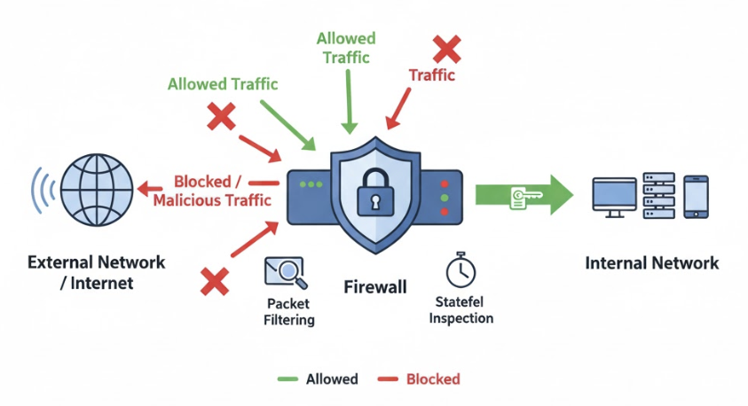 외부 네트워크와 내부 네트워크 사이에서 파이어월이 패킷 필터링 및 스테이트풀 인스펙션을 통해 정상 트래픽을 허용하고 악성 트래픽을 차단하는 보안 흐름도