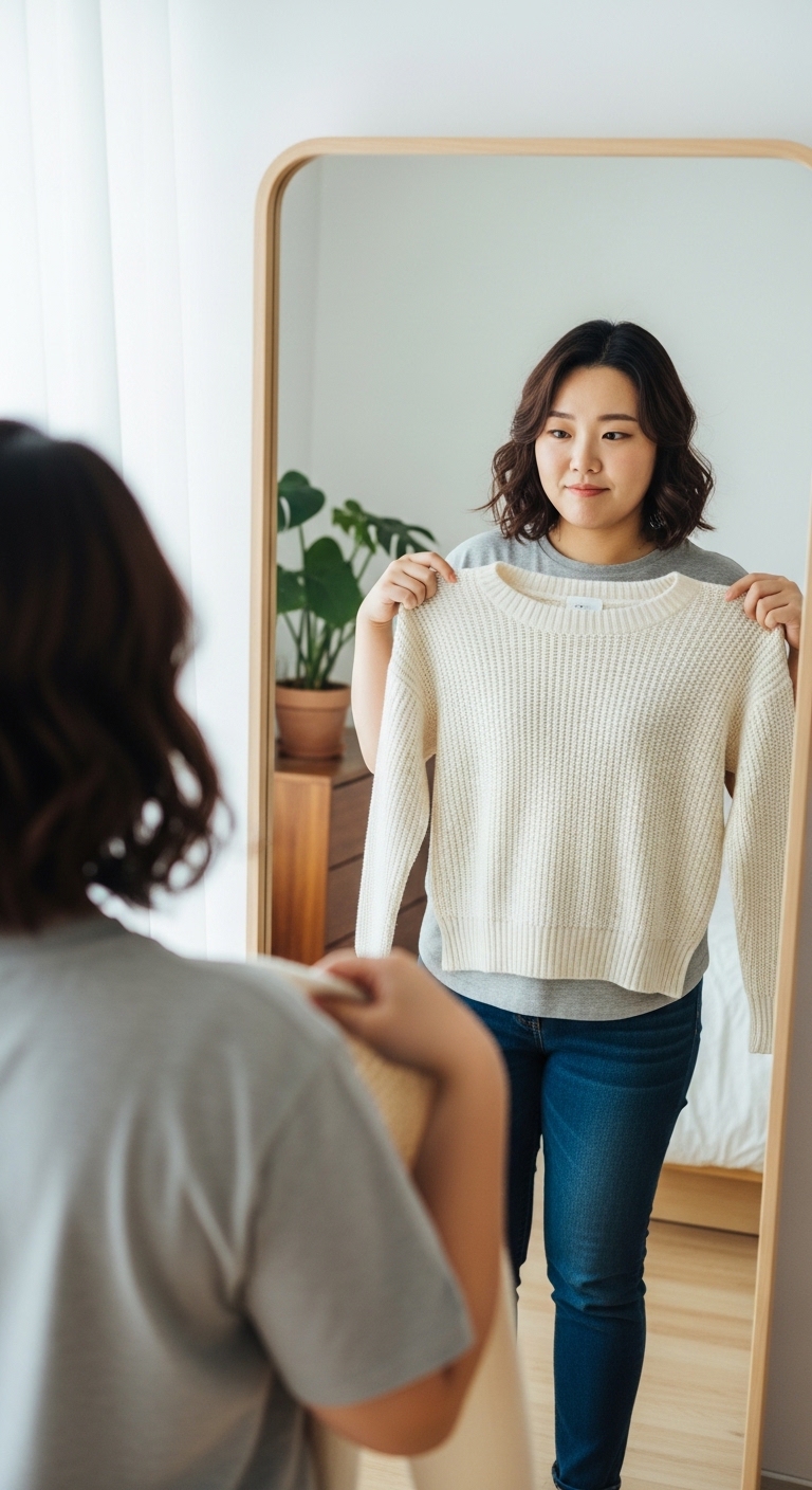 거울 앞에서 옷을 대보며 고민하고 있는 통통한 여성의 모습