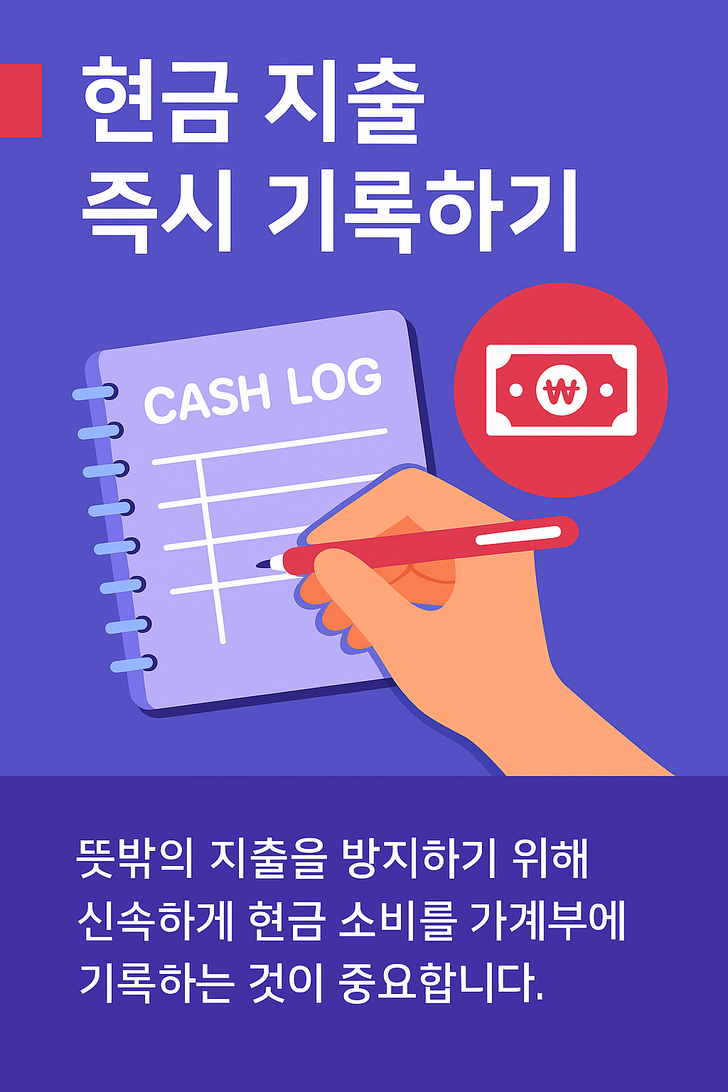 현금 지출 즉시 기록하기를 주제로 한 인포그래픽 이미지로, 손으로 노트에 지출을 기록하고 있는 장면과 지폐 아이콘, 지출 방지 문구가 포함됨