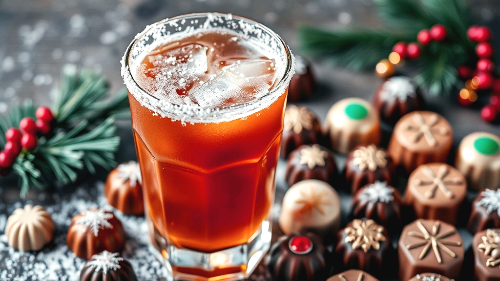 잔 가장자리에 소금과 설탕이 반짝이는 하이볼 잔. 황금빛이 도는 음료 위에 위스키 거품이 살짝 올라와 있고, 잔 주변에 크리스마스 초콜릿들이 놓여 있습니다.