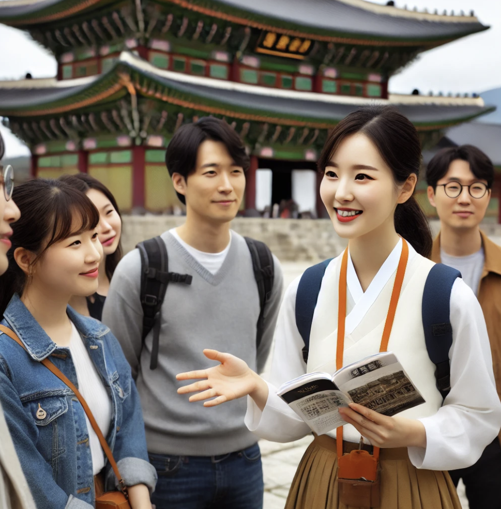 역사적인 장소에서 투어를 진행하는 관광 안내사