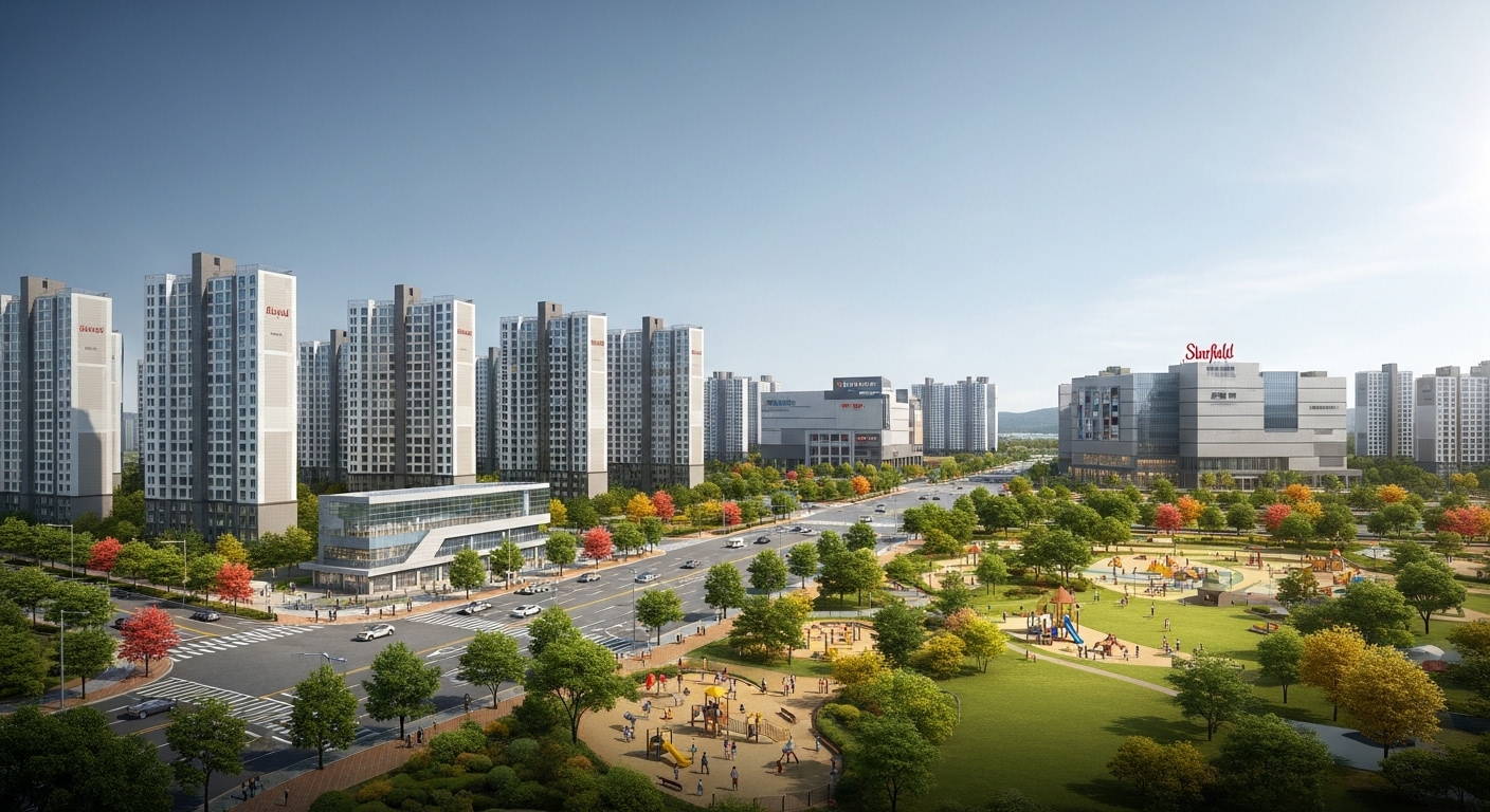 경기 하남시의 잘 계획된 신도시 전경. 현대적인 아파트 단지와 지하철역, 넓은 공원, 그리고 대형 쇼핑몰이 보여 편리하고 쾌적한 주거 환경을 강조합니다.