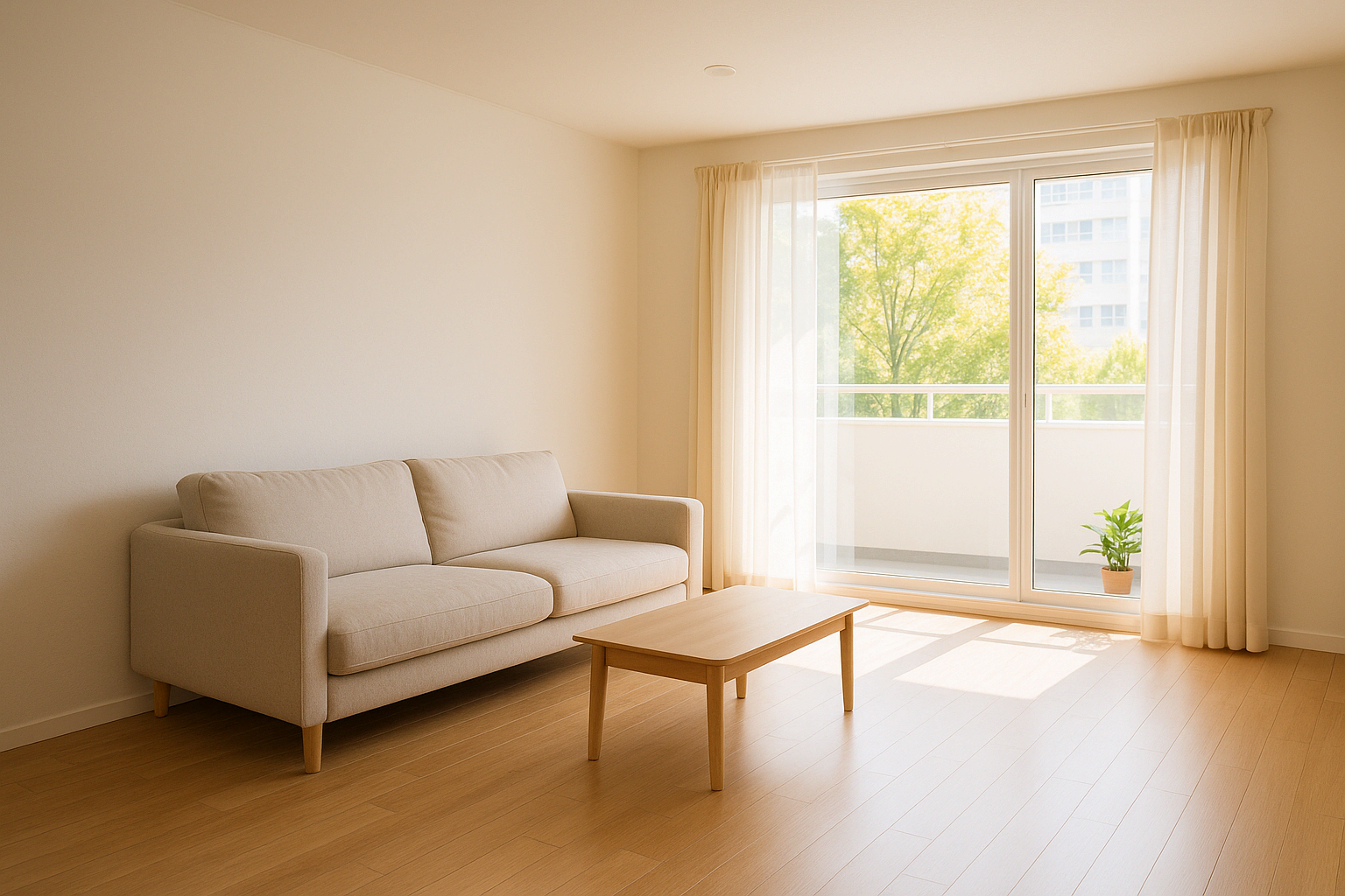 벽을 등지고 배치된 소파와 따뜻한 조명이 있는 거실