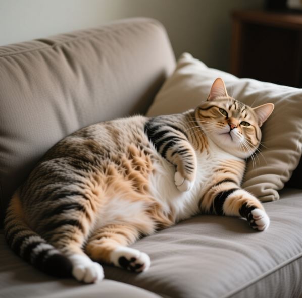 뚱뚱한 고양이가 소파에 누워있는 모습