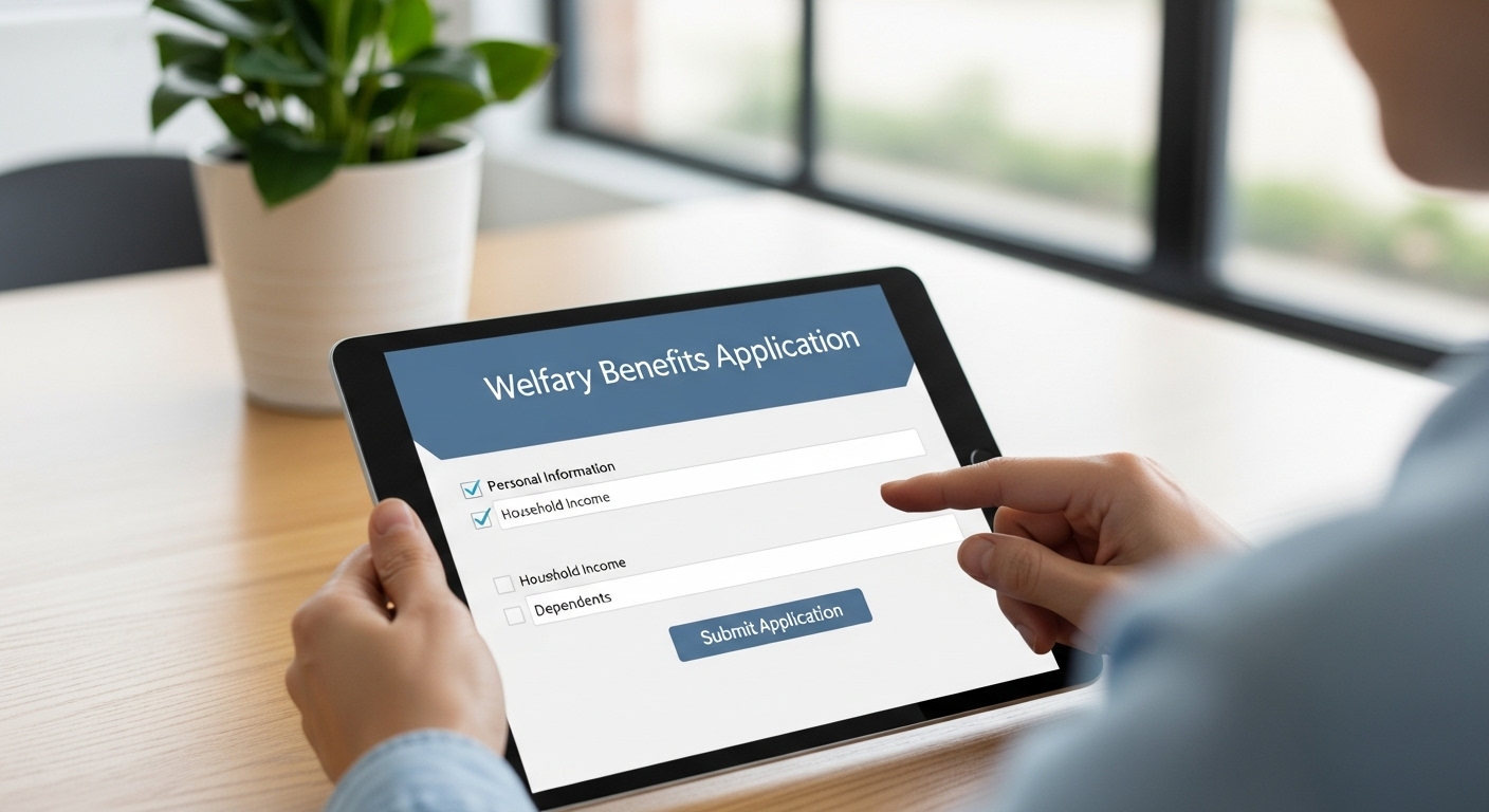 스마트폰으로 복지 정책을 쉽게 검색하고 신청하는 사람. 온라인 복지 서비스의 편리함을 보여준다.