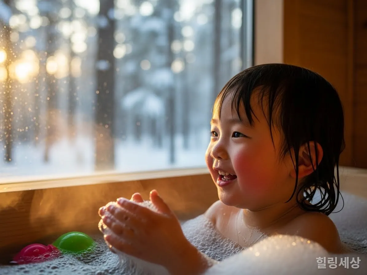 창밖의 설경을 바라보며 따뜻한 히노끼탕을 즐기는 아이의 모습