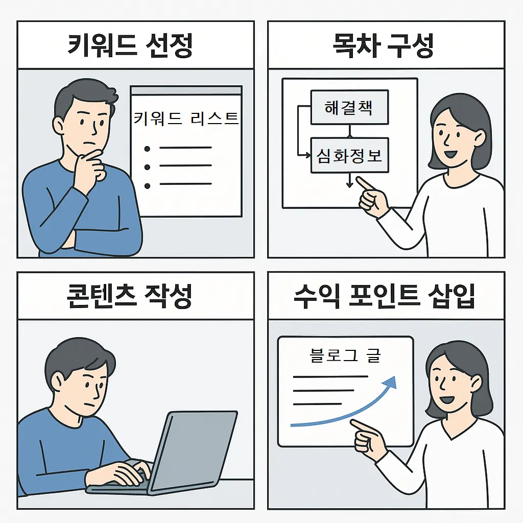 키워드 선정부터 SEO 최적화까지 자동화 콘텐츠 작성 과정을 5단계로 표현한 웹툰 형식 스토리